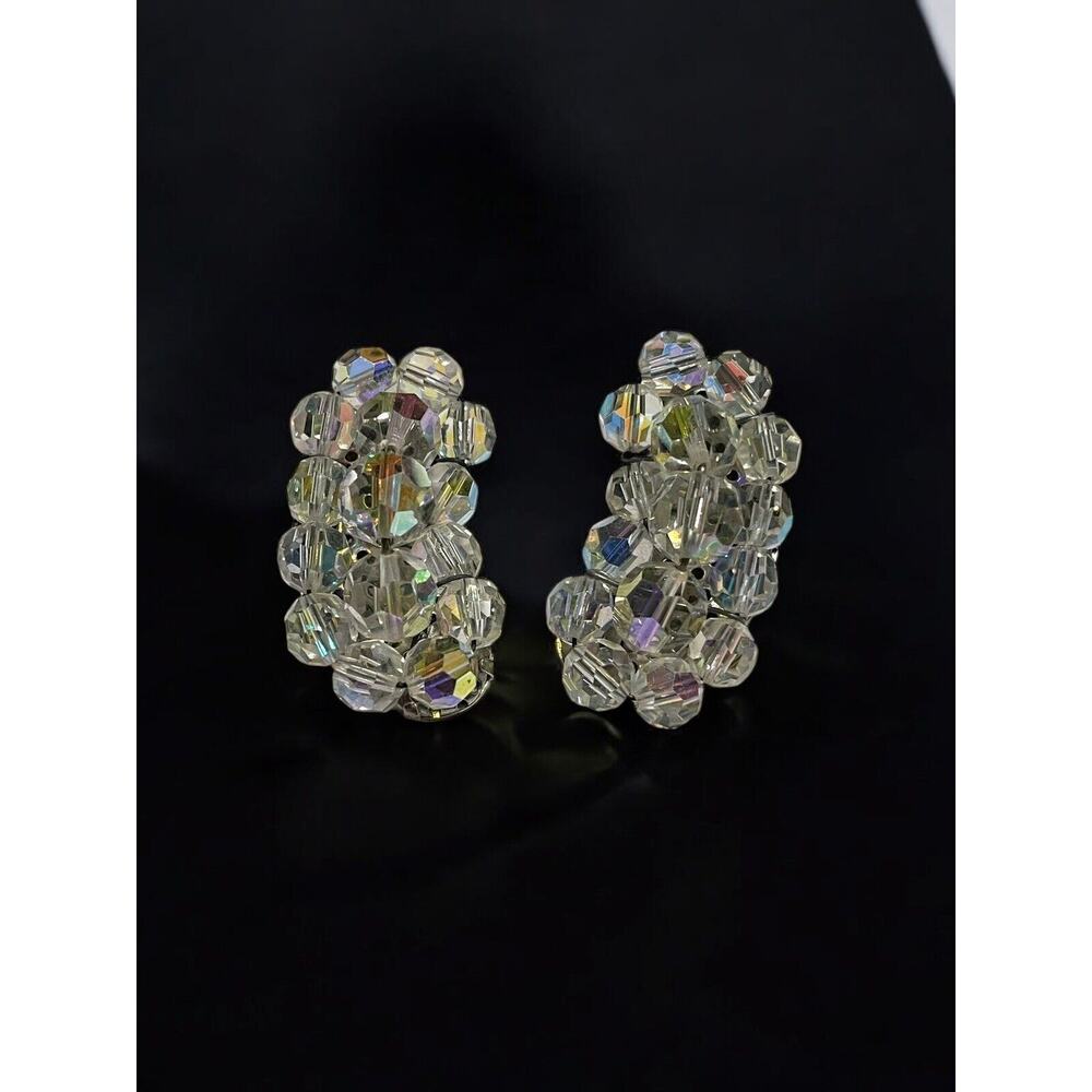 Vintage Climber Aurora Borealis Cluster Clear Clip On Earrings Mid Century - Picture 1 of 4
